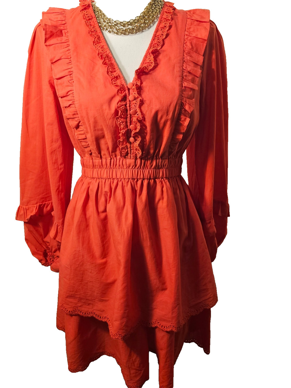 NWT Hale Bob Womens Contemporary Boho Lace Dress Poppy Orange Tiered Ruffle S